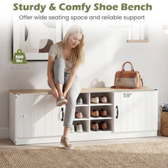 2-Door Shoe Bench Storage Cabinet with Adjustable Shelves-Natural