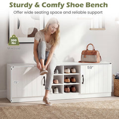 2-Door Shoe Bench Storage Cabinet with Adjustable Shelves-White