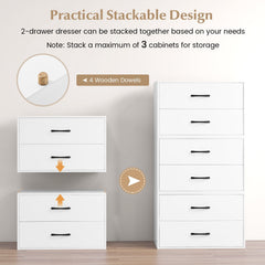 2-Drawer Stackable Horizontal Storage Cabinet Dresser Chest with Handles-White