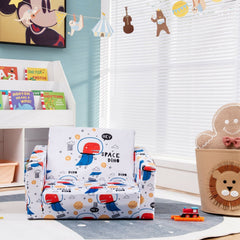 2 in 1 Convertible Kids Sofa in Velvet, White Space Dino Print