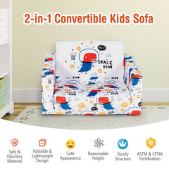 2 in 1 Convertible Kids Sofa in Velvet, White Space Dino Print