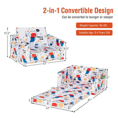 2 in 1 Convertible Kids Sofa in Velvet, White Space Dino Print