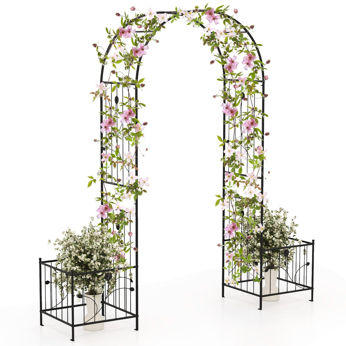 2 in 1 Garden Arbor with 2 Side Planters and 8 Ground Stakes-Black