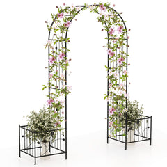 2 in 1 Garden Arbor with 2 Side Planters and 8 Ground Stakes-Black