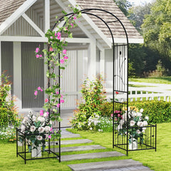 2 in 1 Garden Arbor with 2 Side Planters and 8 Ground Stakes-Black