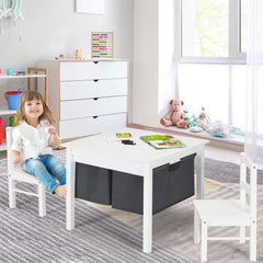 2 in 1 Kids Activity Block Table and 2 Chair Set with Storage, White