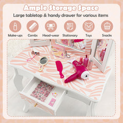2-in-1 Kids Vanity Table Set with Tri-Folding Mirror-Pink