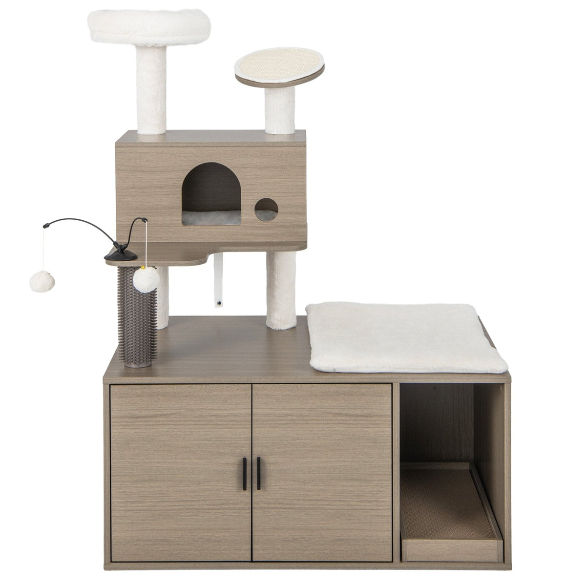 2 in 1 Cat Tower with Litter Box Enclosure, 52 Inch Multi Level Cat Tree with Self Groomer, Gray