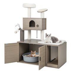 2 in 1 Cat Tower with Litter Box Enclosure, 52 Inch Multi Level Cat Tree with Self Groomer, Gray