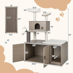 2 in 1 Cat Tower with Litter Box Enclosure, 52 Inch Multi Level Cat Tree with Self Groomer, Gray