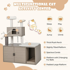 2 in 1 Cat Tower with Litter Box Enclosure, 52 Inch Multi Level Cat Tree with Self Groomer, Gray