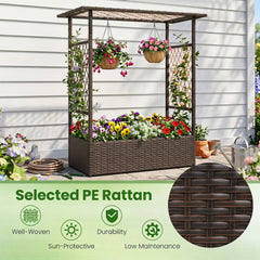 2-in-1 Raised Garden Bed with Hanging Roof and Trellises-Brown