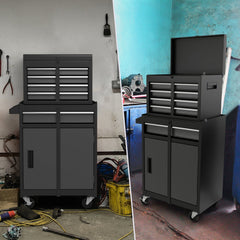 2-in-1 Rolling Tool Chest with 5 Sliding Lockable Drawers-Black & Gray