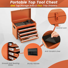 2-in-1 Rolling Tool Chest with 5 Sliding Lockable Drawers-Orange
