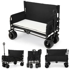 2-in-1 Wagon Bench Seat Combo Collapsible Beach Cart with Handle and Cushion-Black