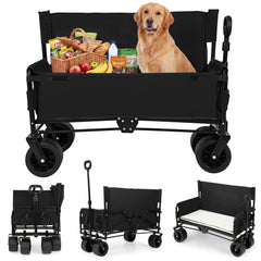 2-in-1 Wagon Bench Seat Combo Collapsible Beach Cart with Handle and Cushion-Black