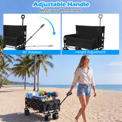 2-in-1 Wagon Bench Seat Combo Collapsible Beach Cart with Handle and Cushion-Black