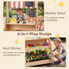 2-in-1 Wooden Mud Kitchen and Market Stand for Kids Outdoor with Planter Box and 2 Chalkboards-Natrual
