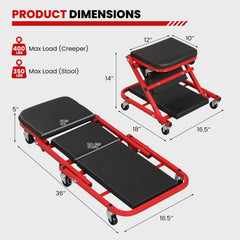 2-in-1 Z-Shaped Rolling Garage Stool 36 inches Folding Flat Automotive Creeper-Red