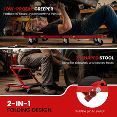 2-in-1 Z-Shaped Rolling Garage Stool 36 inches Folding Flat Automotive Creeper-Red