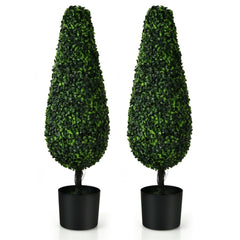 35 Inch Artificial Tower Topiary Trees, 2 Pack, UV Resistant with Black Pots