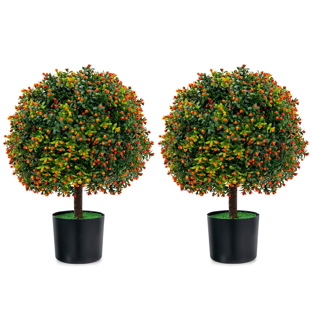 Artificial Boxwood Topiary Ball Trees with Orange Fruit, 2 Pack in Cement Pots