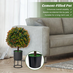 Artificial Boxwood Topiary Ball Trees with Orange Fruit, 2 Pack in Cement Pots