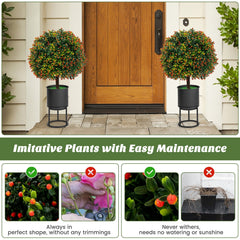 Artificial Boxwood Topiary Ball Trees with Orange Fruit, 2 Pack in Cement Pots