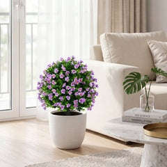 2 Pack Artificial Eucalyptus Topiary Trees with Flowers and Cement Planter for Home-Purple