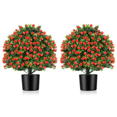 2 Pack Artificial Rose Topiary Ball Tree Faux Shrub Bushes with Flowers-Red