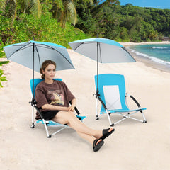 2 Pack Beach Umbrella Chair for Adults with Adjustable Parasol-Blue