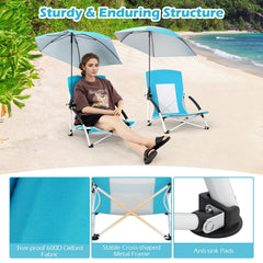 2 Pack Beach Umbrella Chair for Adults with Adjustable Parasol-Blue