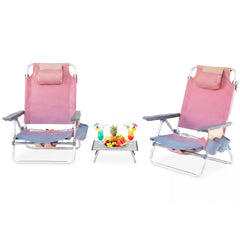 2 Packs 5-Position Outdoor Folding Backpack Beach Table Chair Reclining Chair Set-Pink