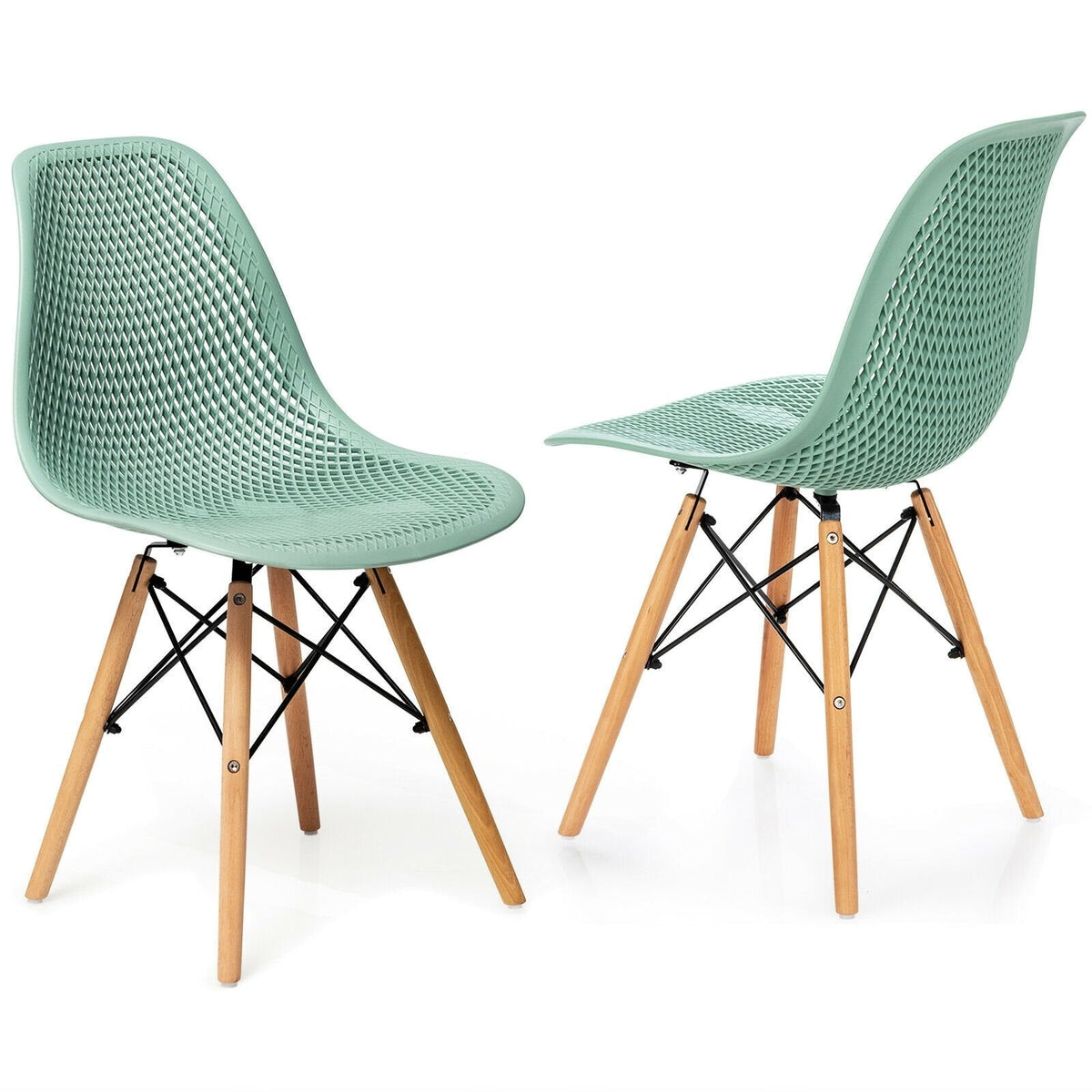 Pair of Modern Sage Green Shell Dining Chairs with Perforated Seat and Beech Wood Legs