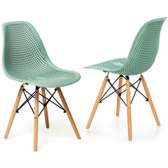 Pair of Modern Sage Green Shell Dining Chairs with Perforated Seat and Beech Wood Legs