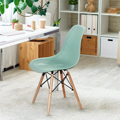 Pair of Modern Sage Green Shell Dining Chairs with Perforated Seat and Beech Wood Legs