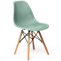 Pair of Modern Sage Green Shell Dining Chairs with Perforated Seat and Beech Wood Legs
