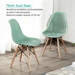 Pair of Modern Sage Green Shell Dining Chairs with Perforated Seat and Beech Wood Legs
