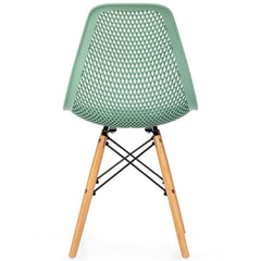 Pair of Modern Sage Green Shell Dining Chairs with Perforated Seat and Beech Wood Legs