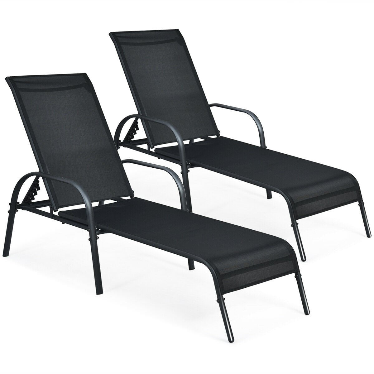 Set of 2 Patio Chaise Lounge Chairs with 5 Reclining Positions, Black