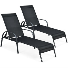 Set of 2 Patio Chaise Lounge Chairs with 5 Reclining Positions, Black