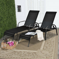 Set of 2 Patio Chaise Lounge Chairs with 5 Reclining Positions, Black