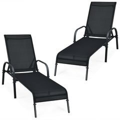 Set of 2 Patio Chaise Lounge Chairs with 5 Reclining Positions, Black