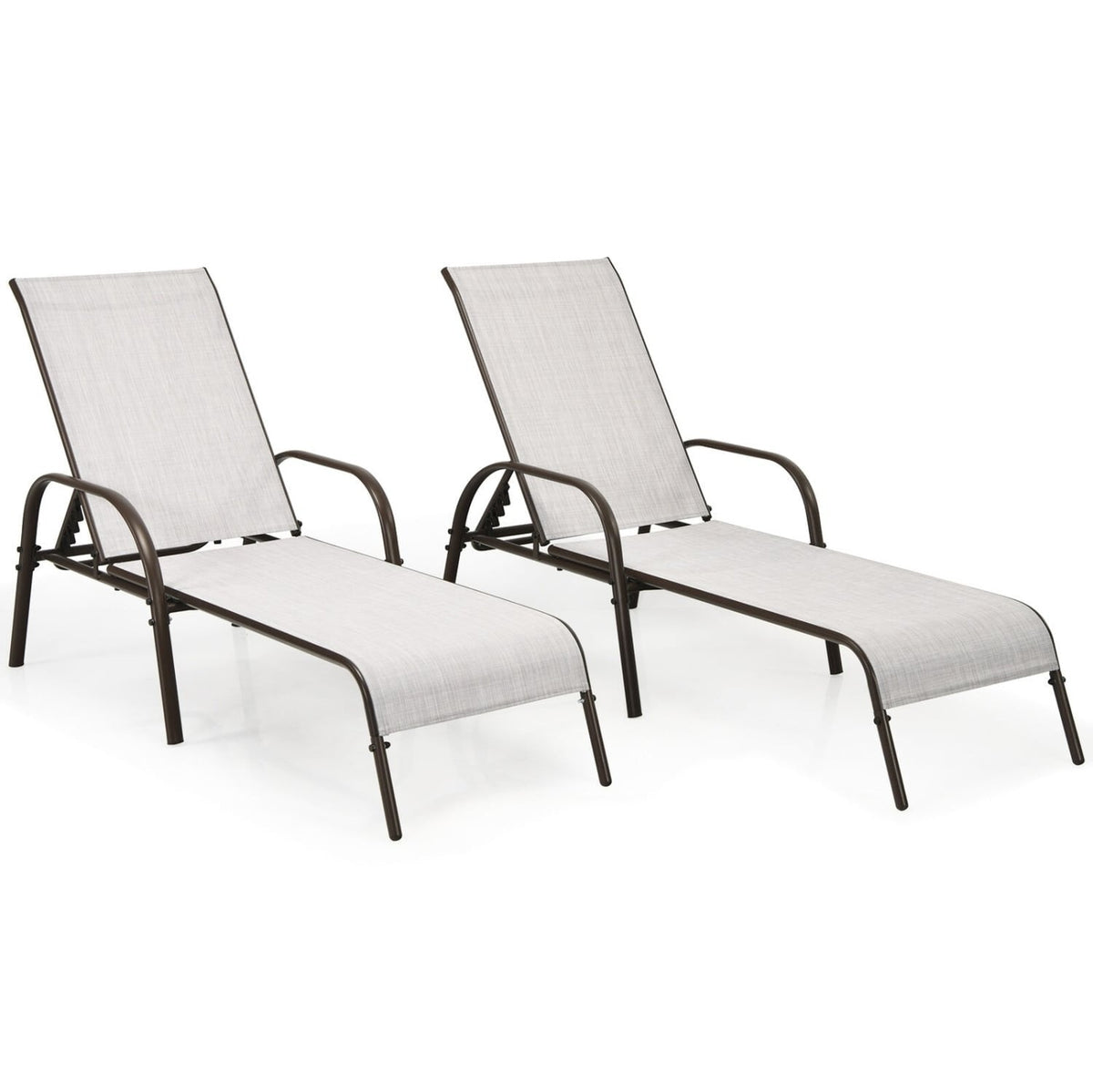 Set of 2 Patio Chaise Lounge Chairs with Off White Slings and Bronze Frames