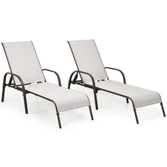 Set of 2 Patio Chaise Lounge Chairs with Off White Slings and Bronze Frames