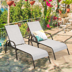 Set of 2 Patio Chaise Lounge Chairs with Off White Slings and Bronze Frames