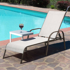 Set of 2 Patio Chaise Lounge Chairs with Off White Slings and Bronze Frames