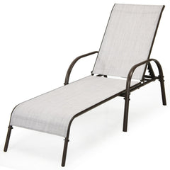 Set of 2 Patio Chaise Lounge Chairs with Off White Slings and Bronze Frames