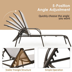 Set of 2 Patio Chaise Lounge Chairs with Off White Slings and Bronze Frames