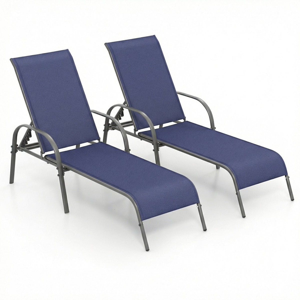 Set of 2 Stackable Patio Chaise Lounge Chairs with 5 Position Backrests, Navy